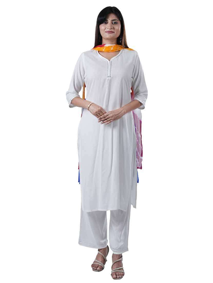 women three quarter sleeve kurta palazzo with dupatta set
