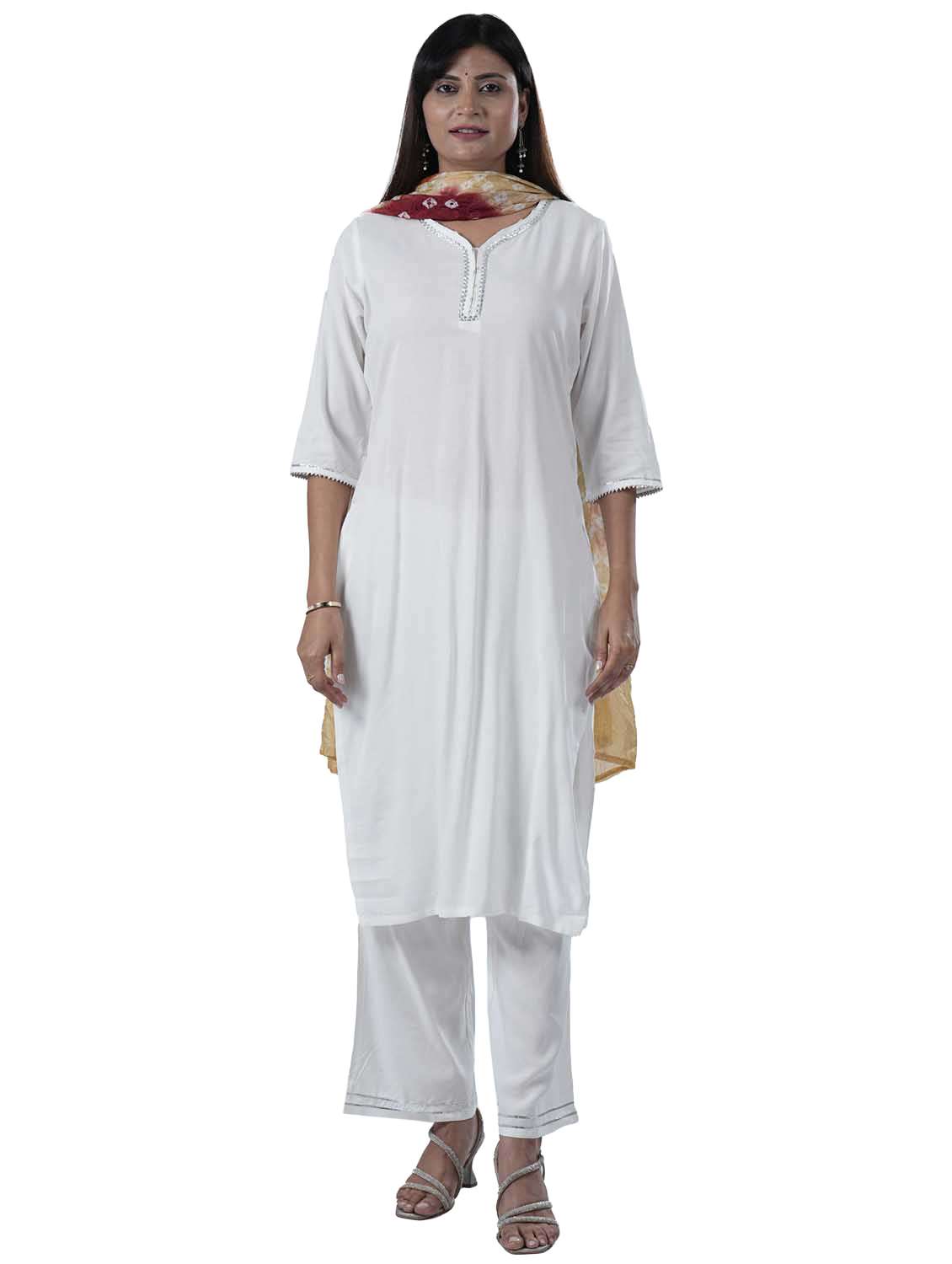 women three quarter sleeve kurta pant with dupatta set