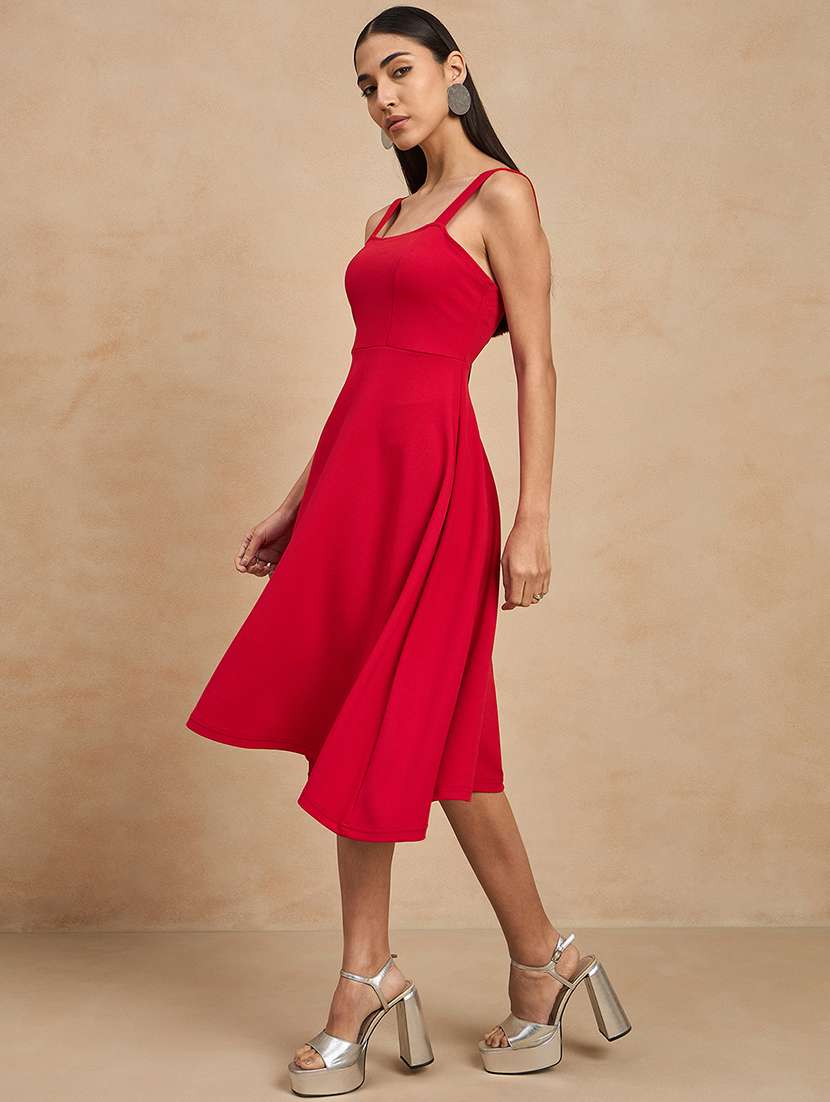 women solid shoulder strap fit & flare dress - 21909142 - Standard Image - 3
