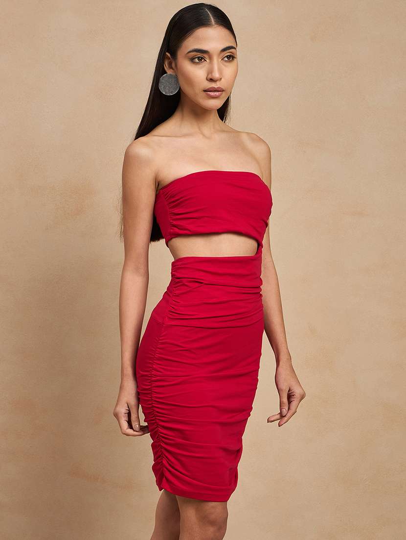 women solid cut out tube ruched dress - 21909177 - Standard Image - 3