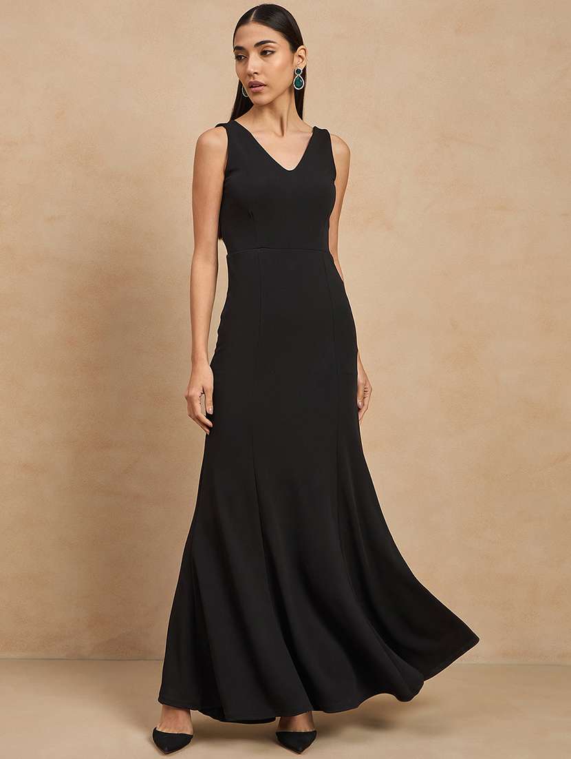 women black solid sleeveless a-line dress - 21909182 - Standard Image - 3