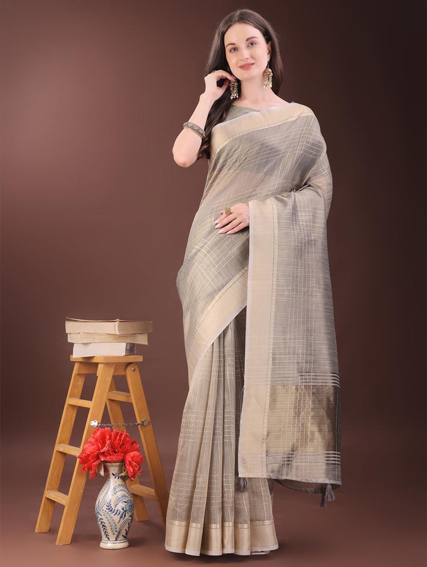 women checkered bordered saree with blouse - 21909397 -  Zoom Image - 0