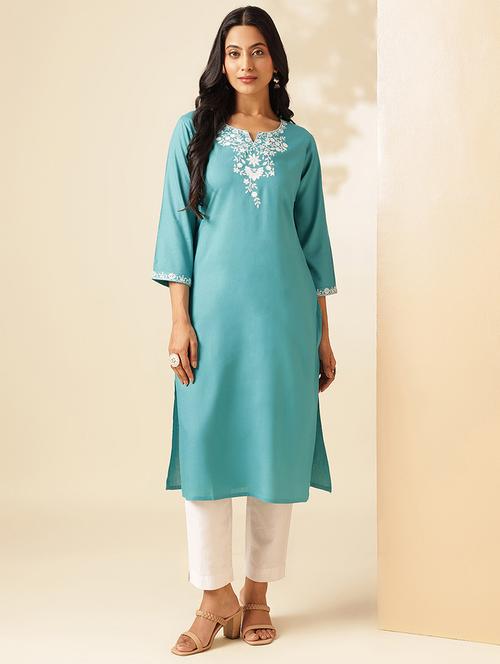women embroidered three quarter sleeve straight kurta - 21909592 -  Standard Image - 0
