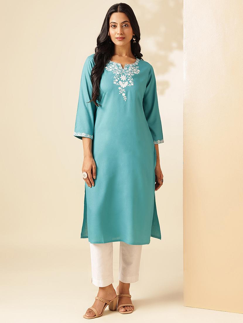 women embroidered three quarter sleeve straight kurta - 21909592 -  Zoom Image - 0
