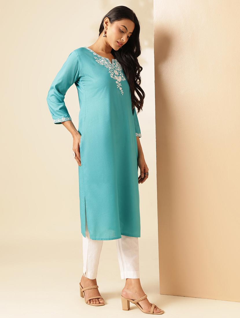 women embroidered three quarter sleeve straight kurta - 21909592 - Standard Image - 3