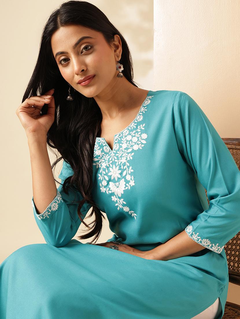 women embroidered three quarter sleeve straight kurta - 21909592 - Standard Image - 5