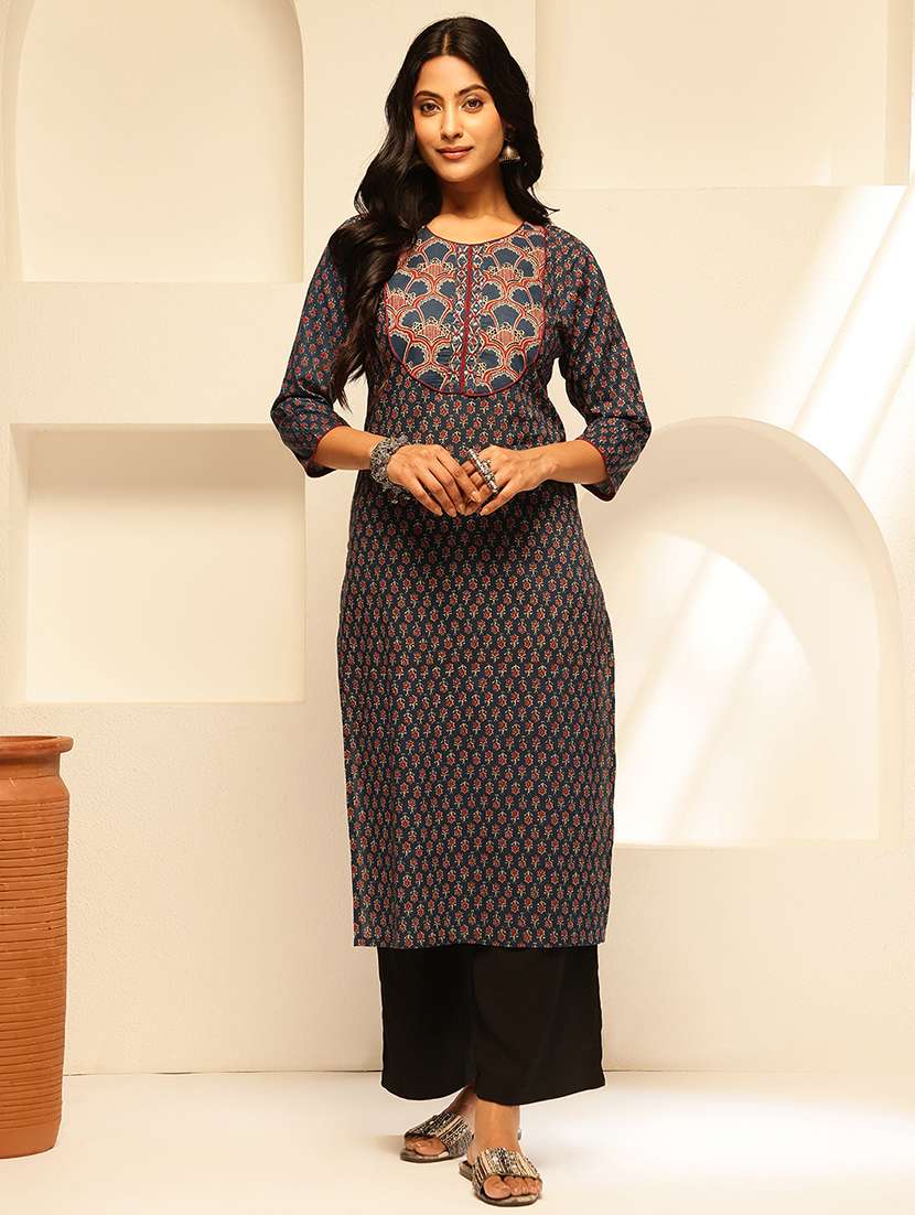 women embroidered three quarter sleeve straight kurta