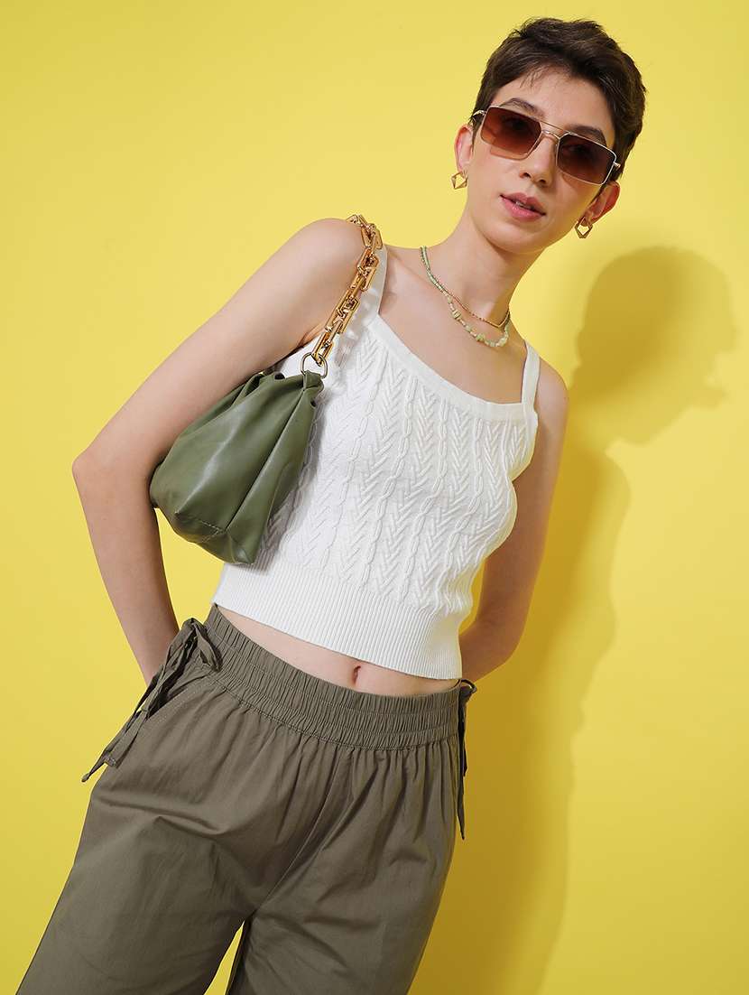 women white solid shoulder strap crop top