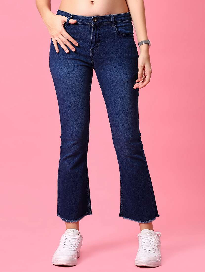 women blue solid mid rise bootcut jean