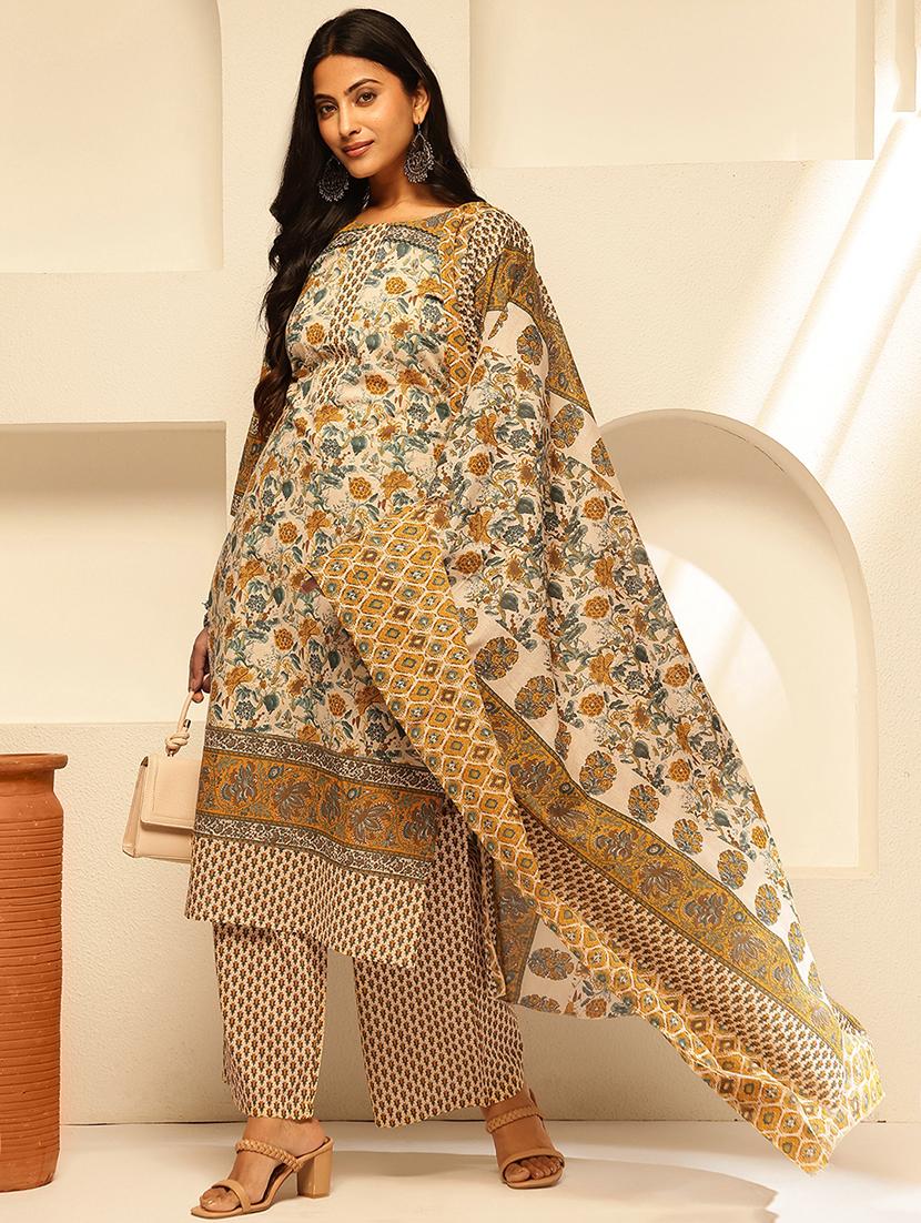 women three quarter sleeve kurta palazzo with dupatta set