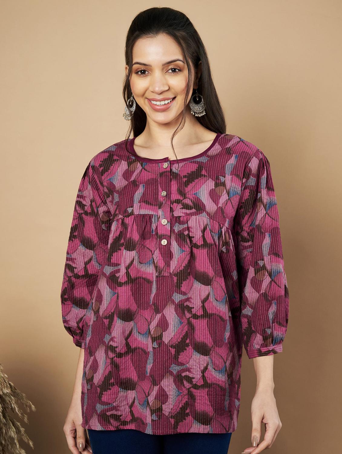 women printed puff sleeves a-line kurti - 21910107 -  Zoom Image - 0