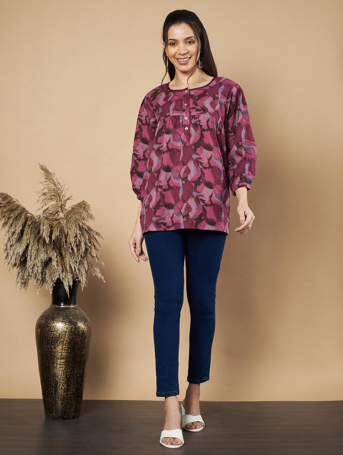 women printed puff sleeves a-line kurti - 21910107 - Standard Image - 5