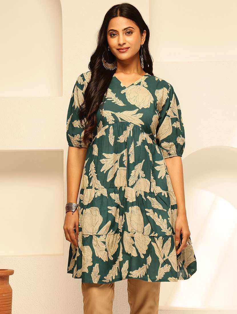 womne printed puff sleeves tiered kurti - 21910111 -  Zoom Image - 0