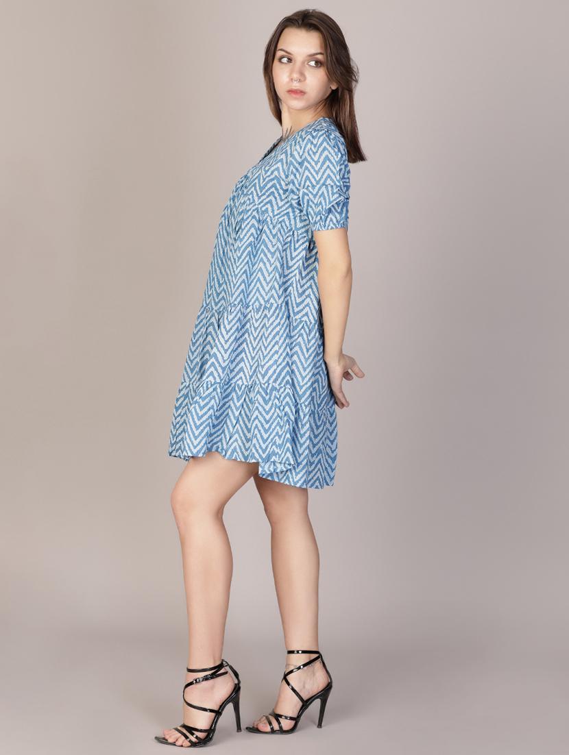 women blue printed puff sleeve tiered dress - 21910212 - Standard Image - 3
