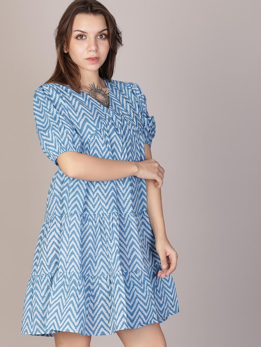 women blue printed puff sleeve tiered dress - 21910212 - Standard Image - 5