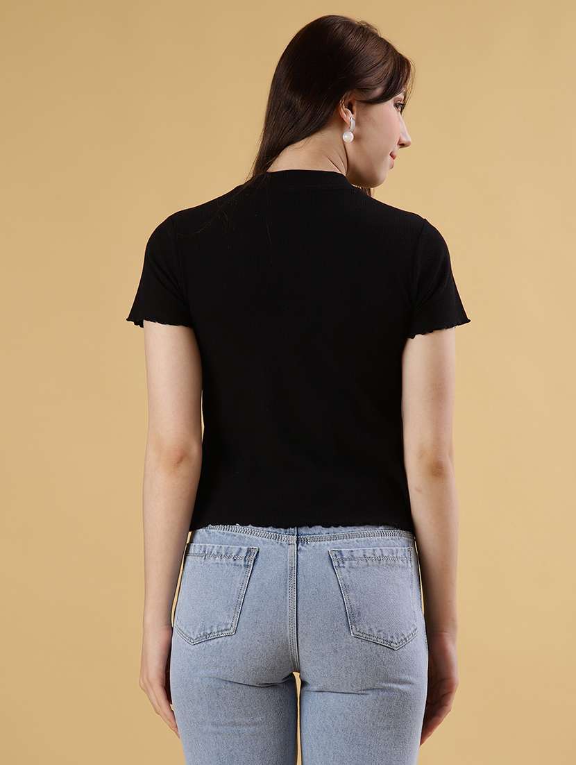 women solid with work round neck t-shirt - 21910294 -  Standard Image - 3