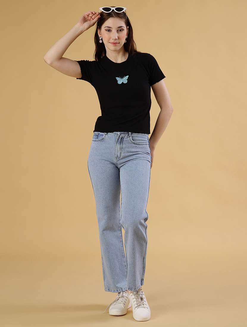 women solid with work round neck t-shirt - 21910294 -  Standard Image - 5