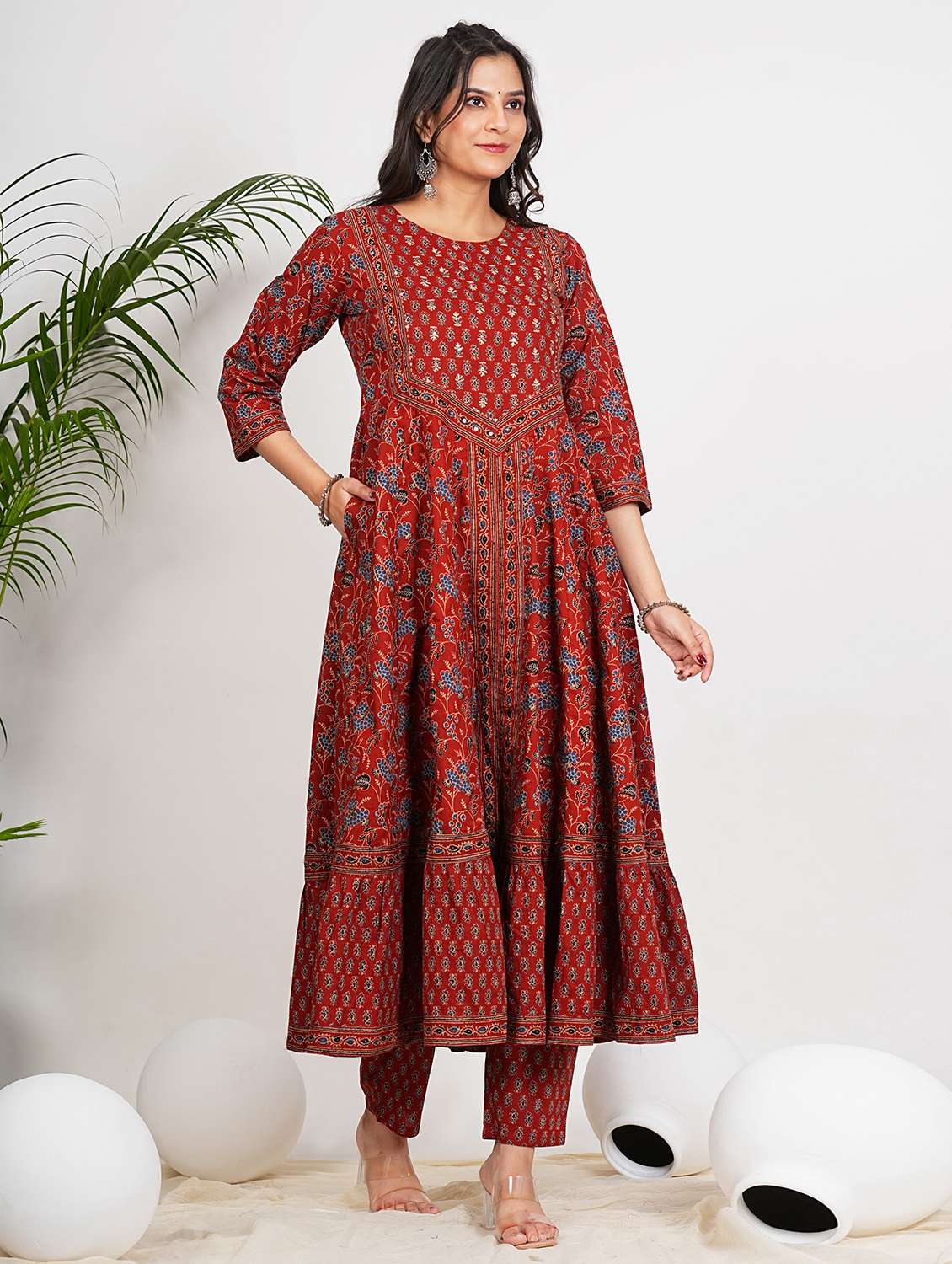 women three quarter sleeve anarkali kurta pant with dupatta set - 21910369 -  Standard Image - 3