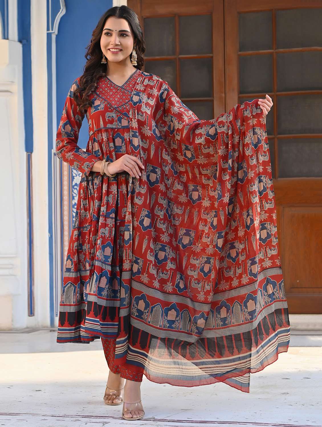 women long sleeve anarkali kurta pant with dupatta set
