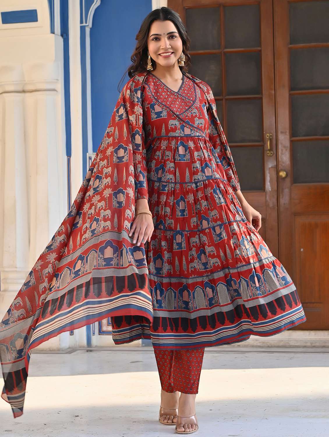 women long sleeve anarkali kurta pant with dupatta set - 21910377 - Standard Image - 3
