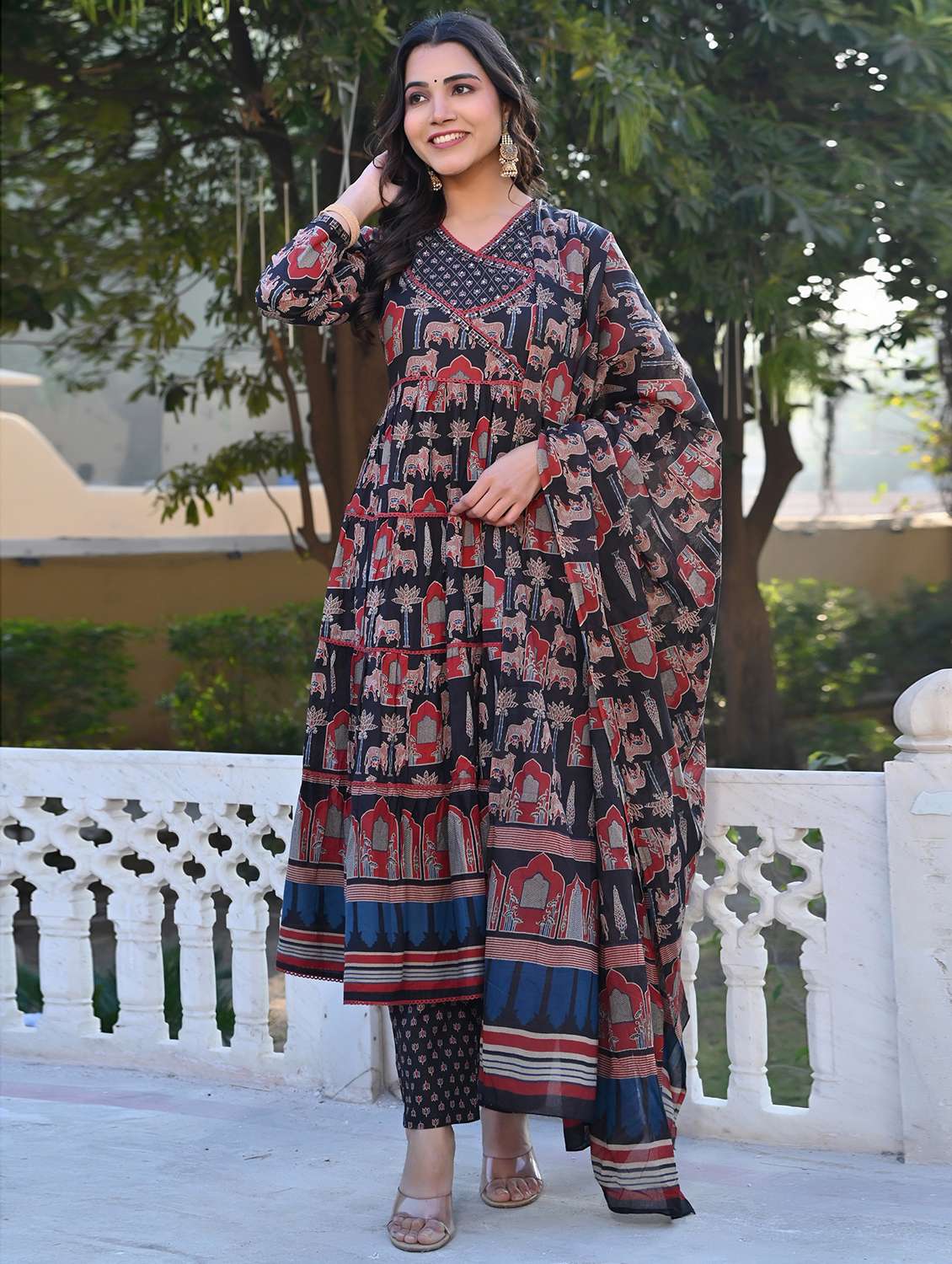 women long sleeve anarkali kurta pant with dupatta set