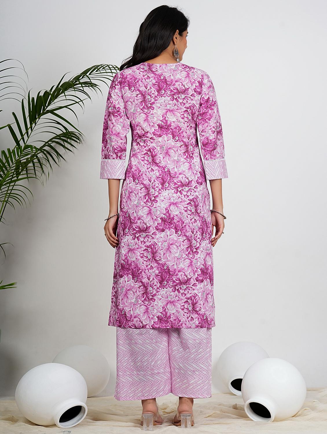 women floral three quarter sleeve kurta palazzo set - 21910413 - Standard Image - 3