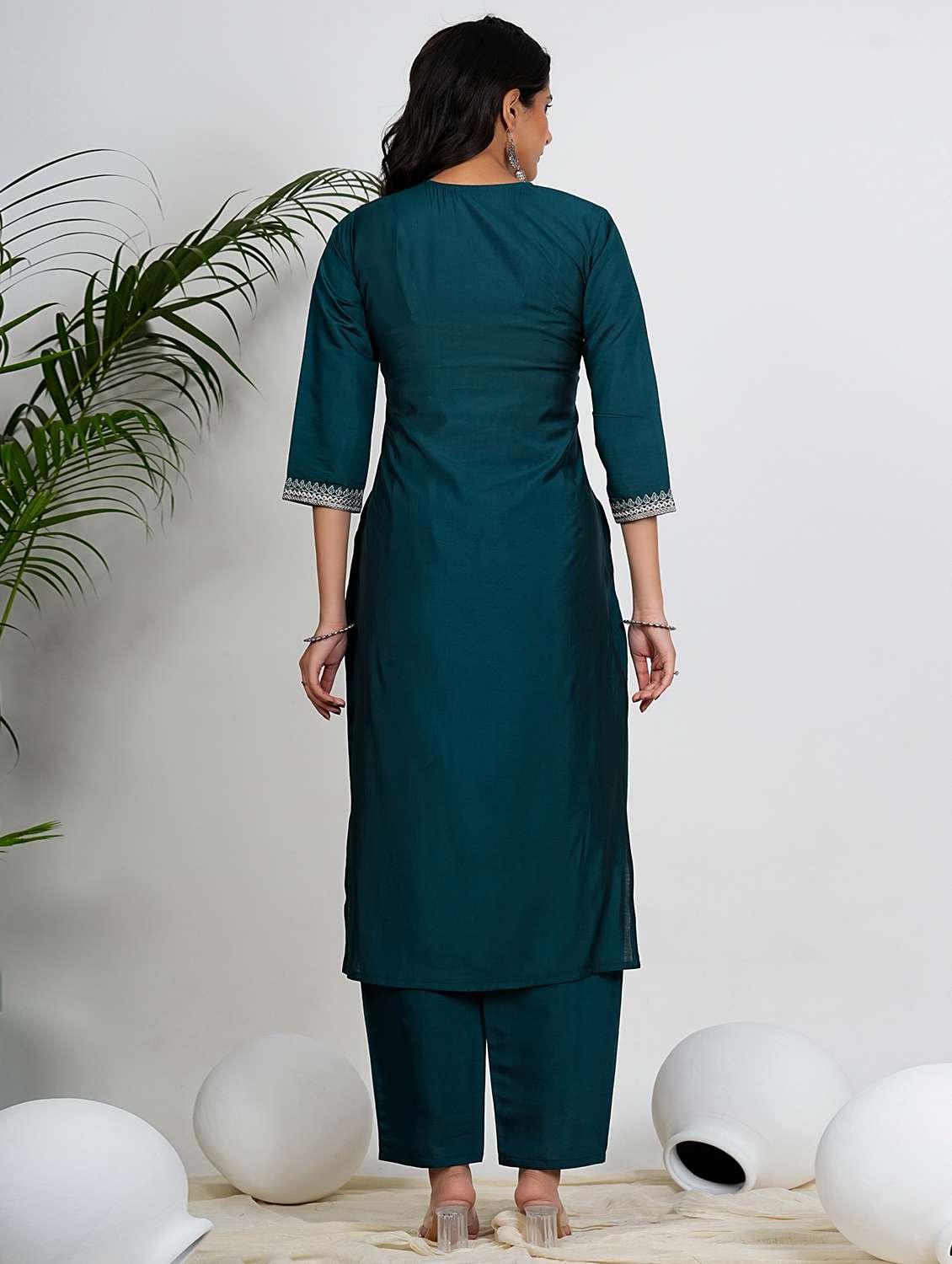 women teal three quarter sleeve kurta pant with dupatta set - 21910415 -  Standard Image - 3