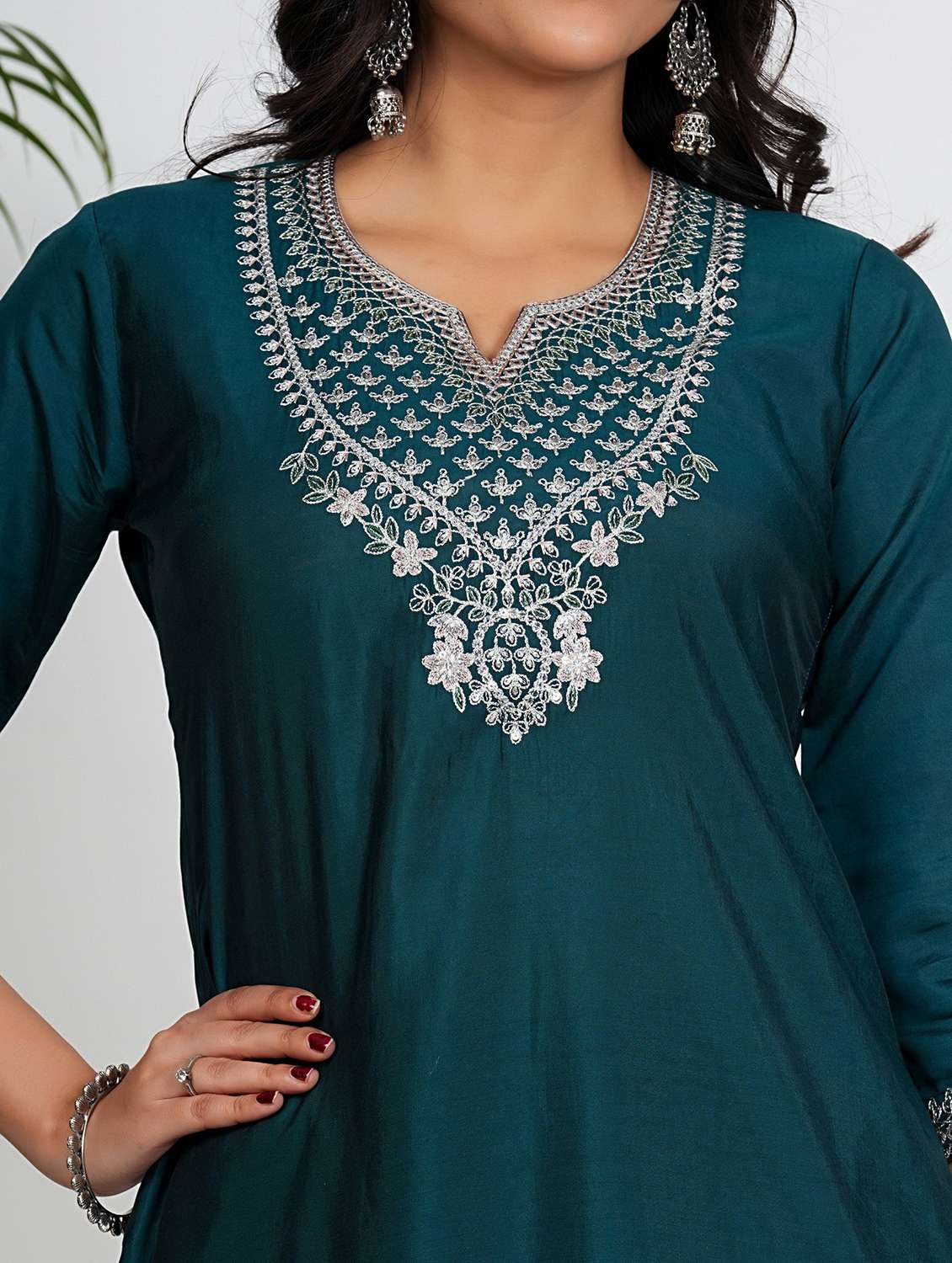 women teal three quarter sleeve kurta pant with dupatta set - 21910415 -  Standard Image - 5