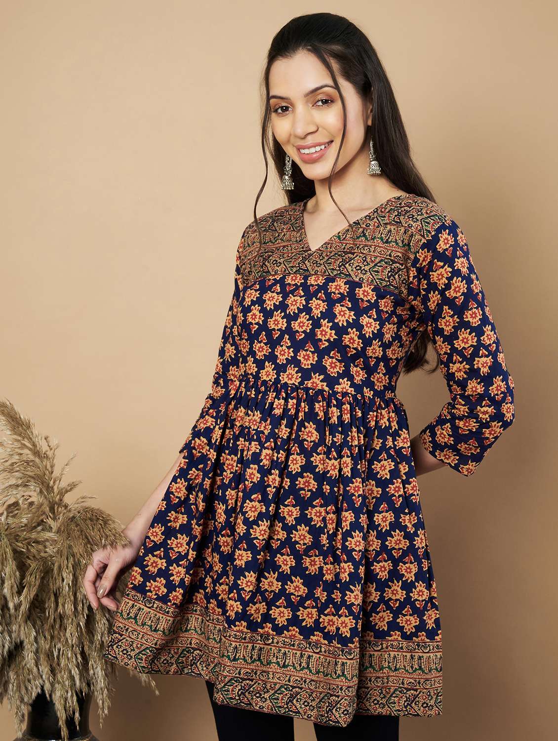 women printed three quarter sleeves flared kurti