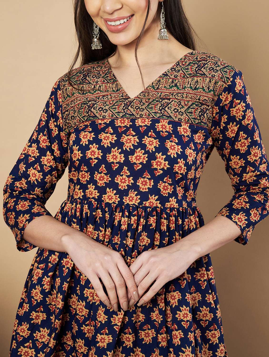 Women Printed Three Quarter Sleeves Flared Kurti - 21910424 -  Standard Image - 5