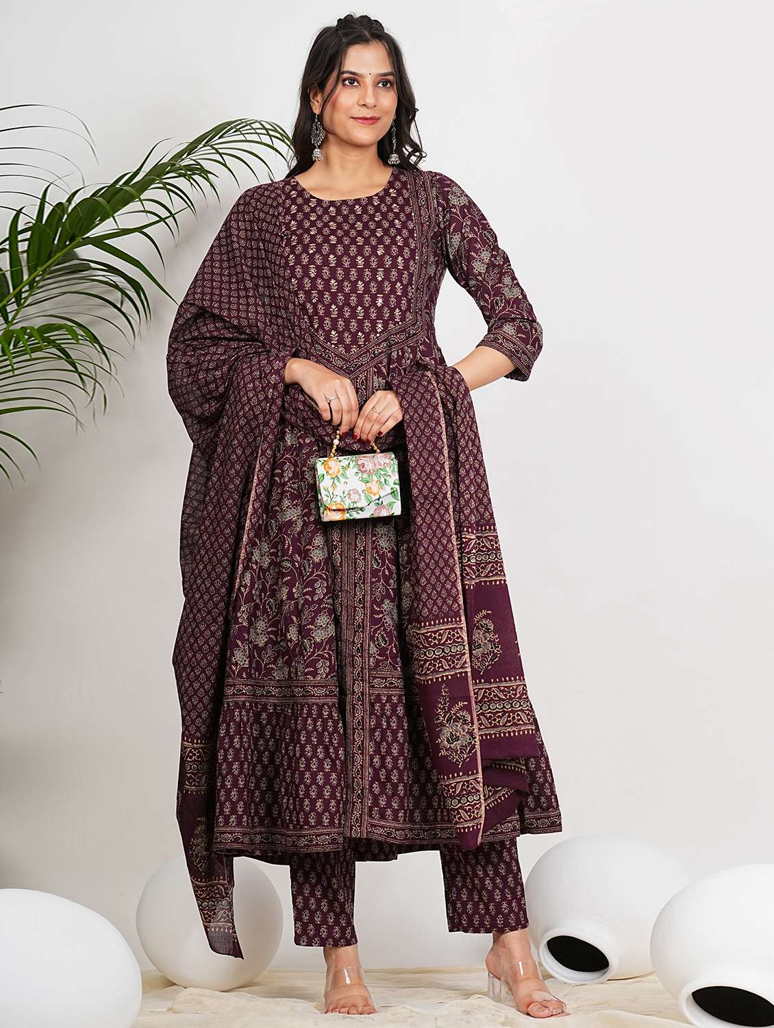 women three quarter sleeve anarkali kurta pant with dupatta set