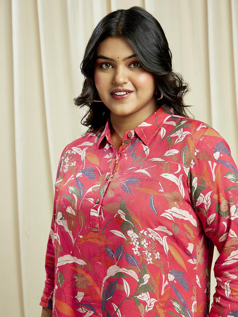 globus gloplus women pink shirt collar floral print button down straight plus size kurta - 21910553 - Standard Image - 3