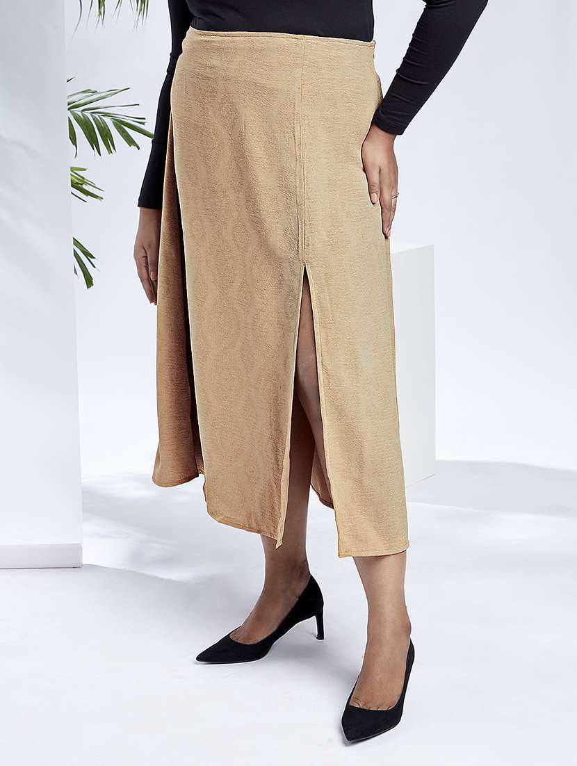 globus gloplus women beige mid-rise self design bohemian front slit plus size a-line midi skirt