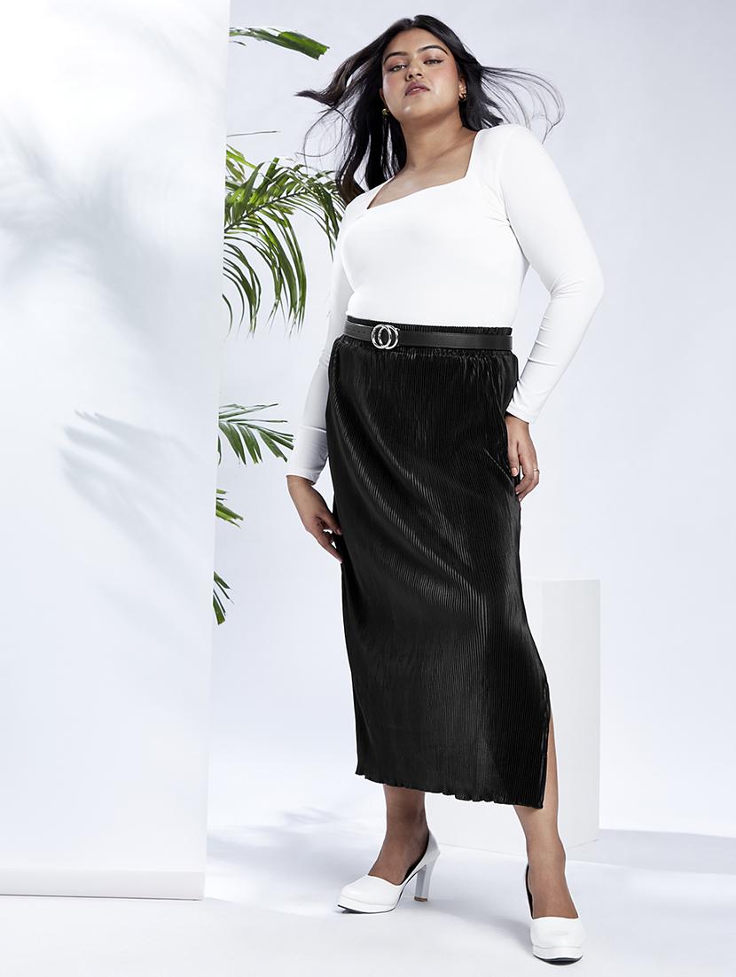 globus gloplus women black mid-rise accodian pleats side slits plus size straight maxi skirt - 21910560 - Standard Image - 3
