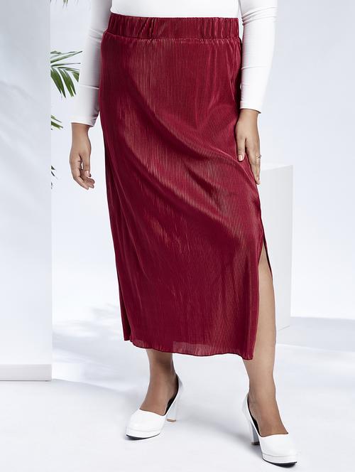 globus gloplus women maroon mid-rise accodian pleats side slits plus size straight maxi skirt - 21910561 -  Standard Image - 0
