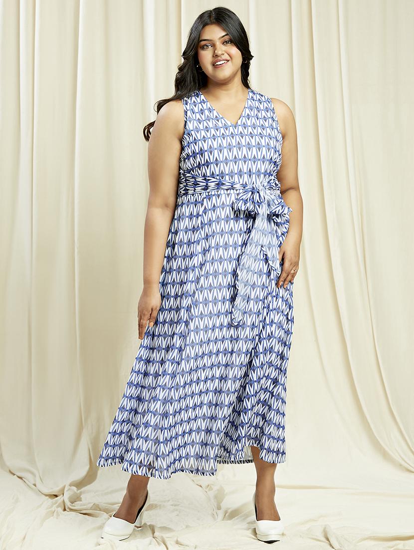 globus gloplus women blue v-neck abstract print waist tie-up plus size fit & flare midi dress - 21910563 -  Zoom Image - 0