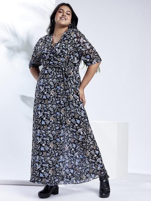 globus gloplus women navy v-neck floral print waist tie-up plus size maxi party wrap dress - 21910564 - Standard Image - 0