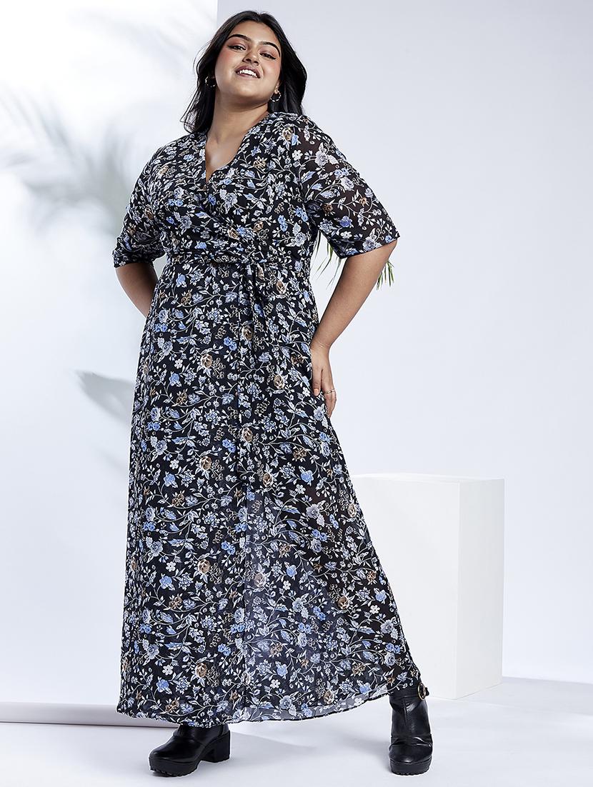 globus gloplus women navy v-neck floral print waist tie-up plus size maxi party wrap dress - 21910564 - Zoom Image - 0