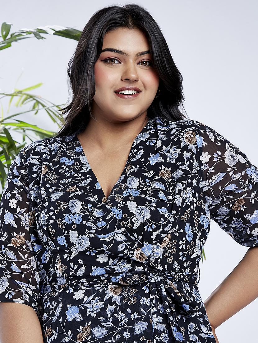 globus gloplus women navy v-neck floral print waist tie-up plus size maxi party wrap dress - 21910564 - Standard Image - 3