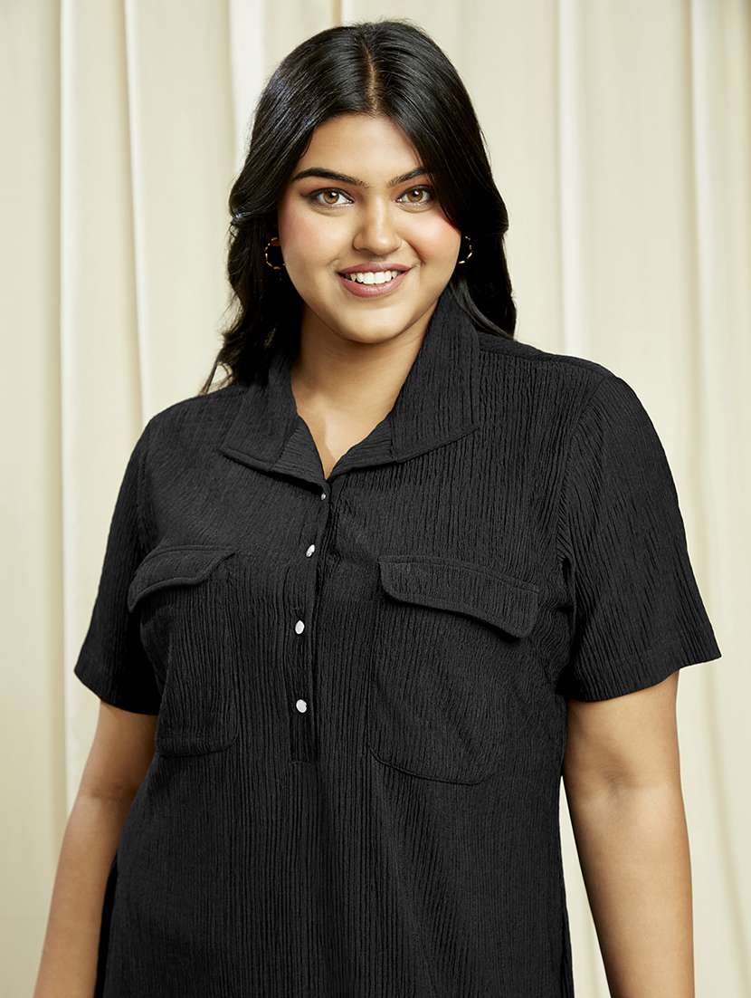 globus gloplus women black shirt collar self design pocket detail side slits plus size midi sheath dress - 21910567 -  Standard Image - 3