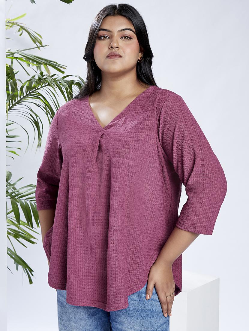 globus gloplus women mauve v-neck self design curved hem plus size workwear top - 21910569 - Zoom Image - 0