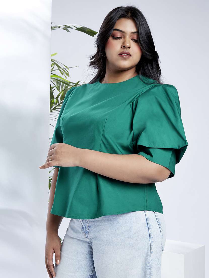 globus gloplus women green puff sleeves round neck back button plus size shirt style workwear top