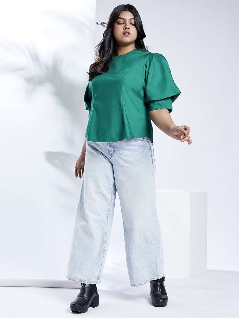 globus gloplus women green puff sleeves round neck back button plus size shirt style workwear top - 21910570 -  Standard Image - 3