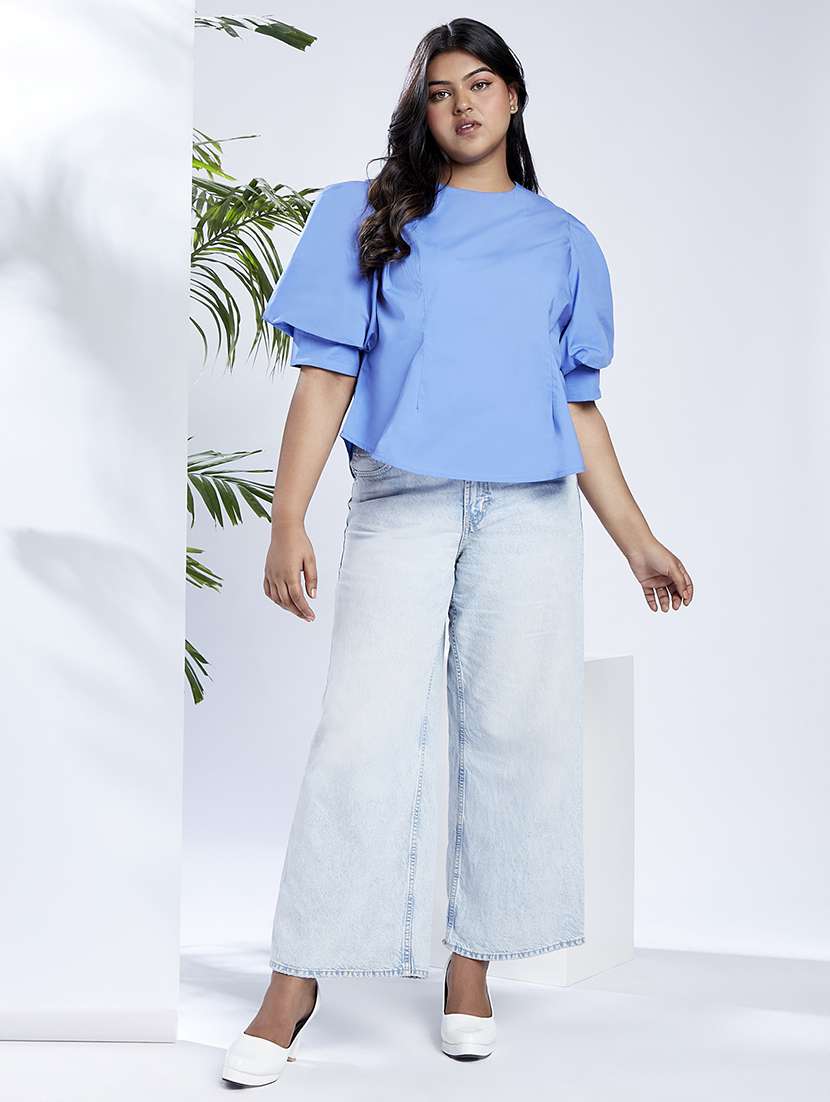 globus gloplus women blue puff sleeves round neck back button plus size shirt style workwear top - 21910571 -  Standard Image - 3