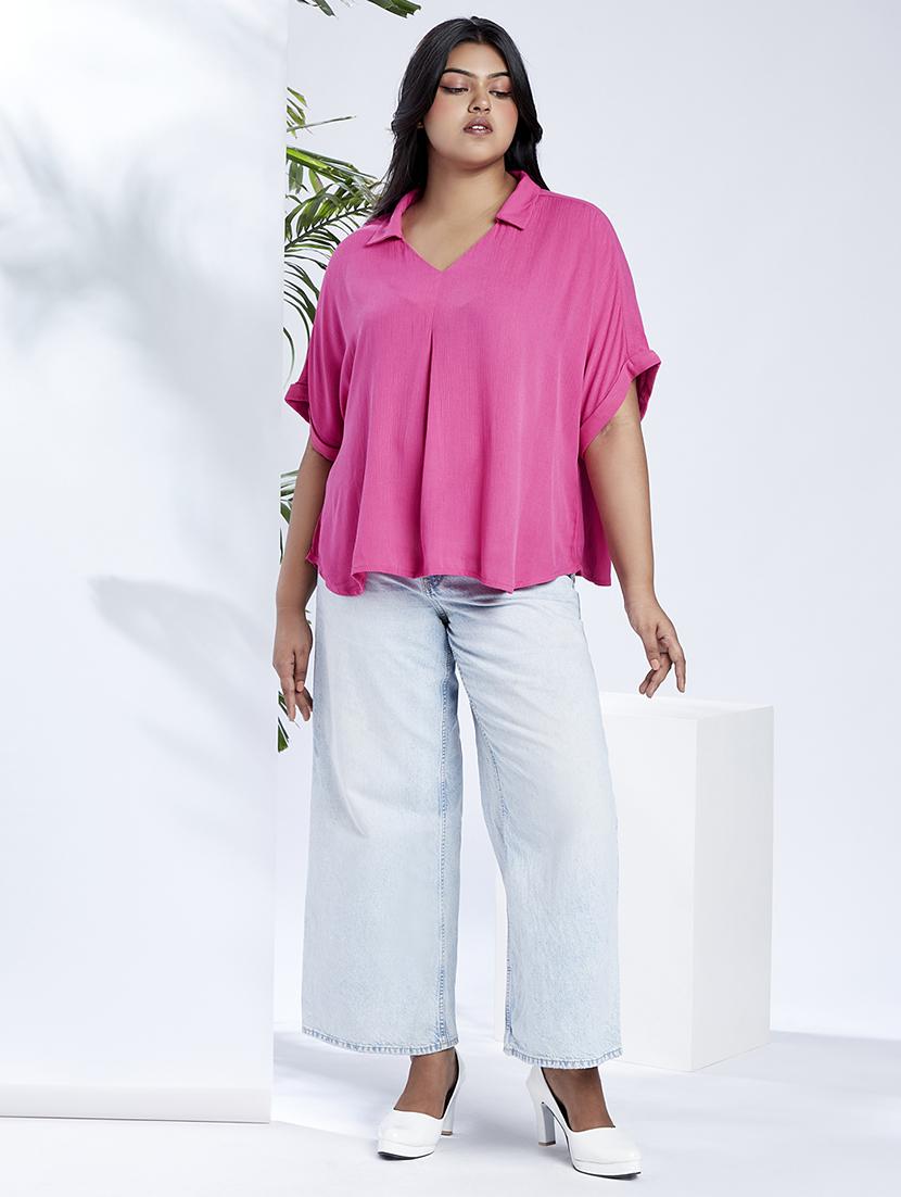 globus gloplus women pink collared v-neck extended sleeves self design plus size top - 21910572 - Standard Image - 3
