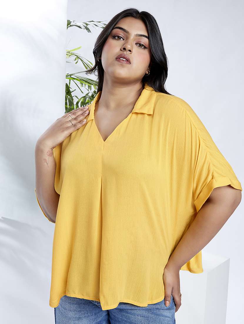 globus gloplus women yellow collared v-neck extended sleeves self design plus size top