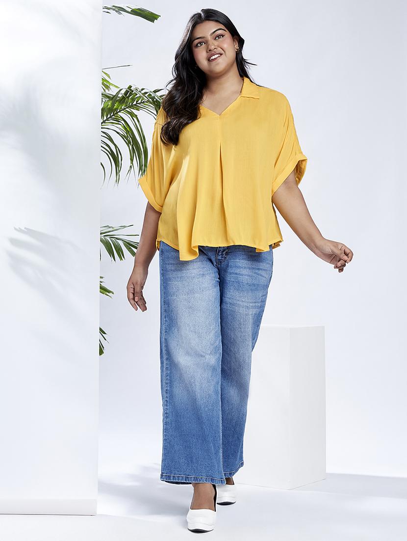 globus gloplus women yellow collared v-neck extended sleeves self design plus size top - 21910573 - Standard Image - 3