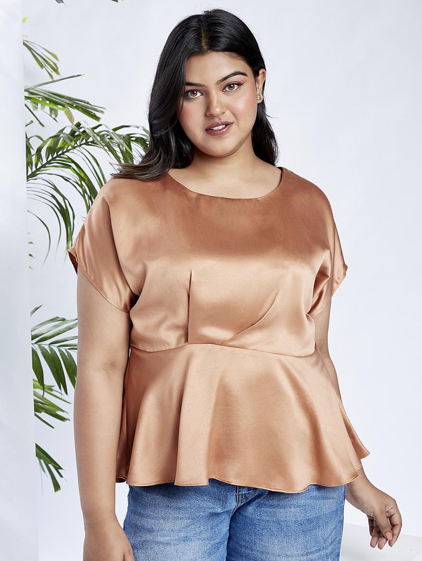 globus gloplus women peach round neck extended sleeves satin peplum plus size workwear top - 21910574 - Zoom Image - 0