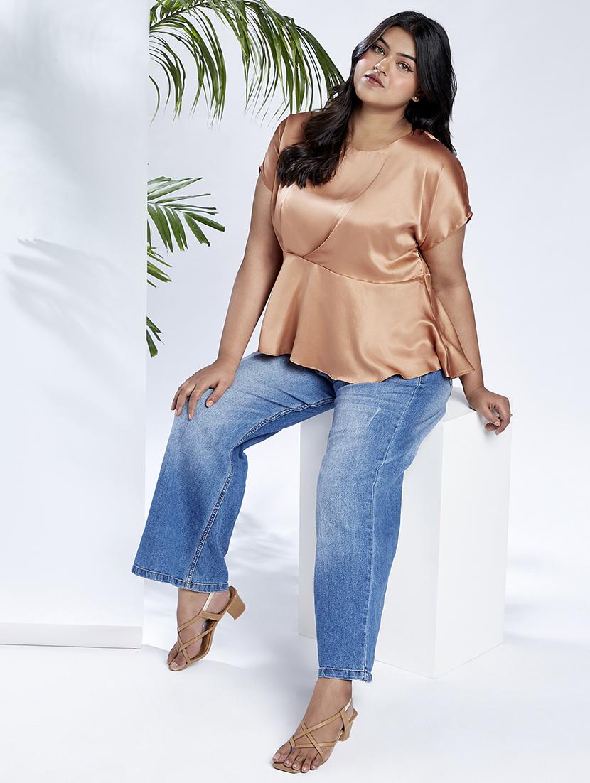 globus gloplus women peach round neck extended sleeves satin peplum plus size workwear top - 21910574 - Standard Image - 3