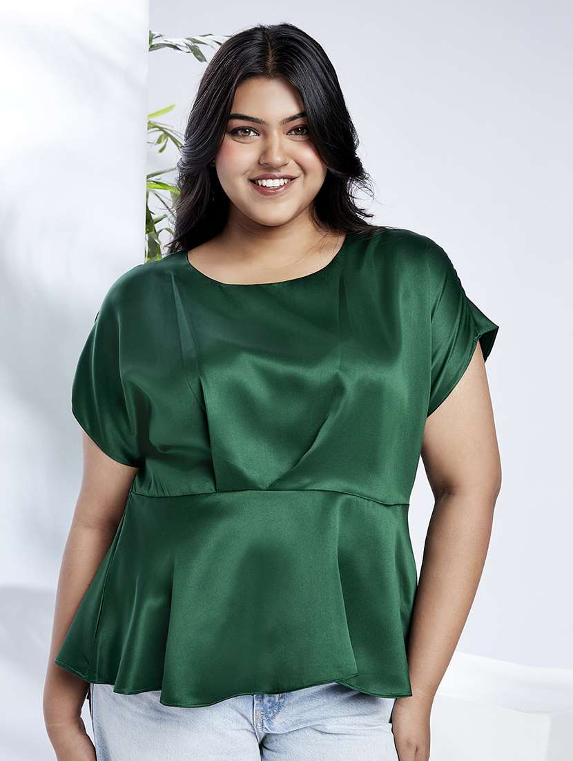 globus gloplus women green round neck extended sleeves satin peplum plus size workwear top